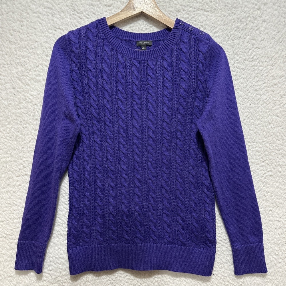 Talbots Women's XS Stunning Purple Cable Knit Crewneck Sweater Button Accent
